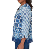Alfred Dunner Womens Ikat Tie-Dye Patchwork Henley Top