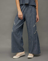 American Eagle Womens AE Stretch High-Waisted Embroidered Wide-Leg Pants