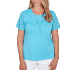 Ruby Road Womens Solid Eyelet Sleeve Tee With Necklace