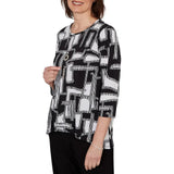 Alfred Dunner Womens Geo Boxes Puff Printed Top With Necklace