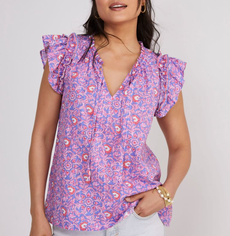 Vineyard Vines Womens Katama Ruffle Popover Short Sleeve Shirt