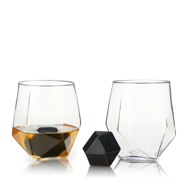 Viski Seneca Crystal Faceted Tumbler & Hexagonal Basalt Stone Set - 4