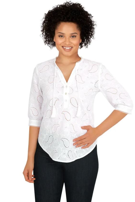 Democracy Womens Bold Eyelet 3/4 Sleeve Top
