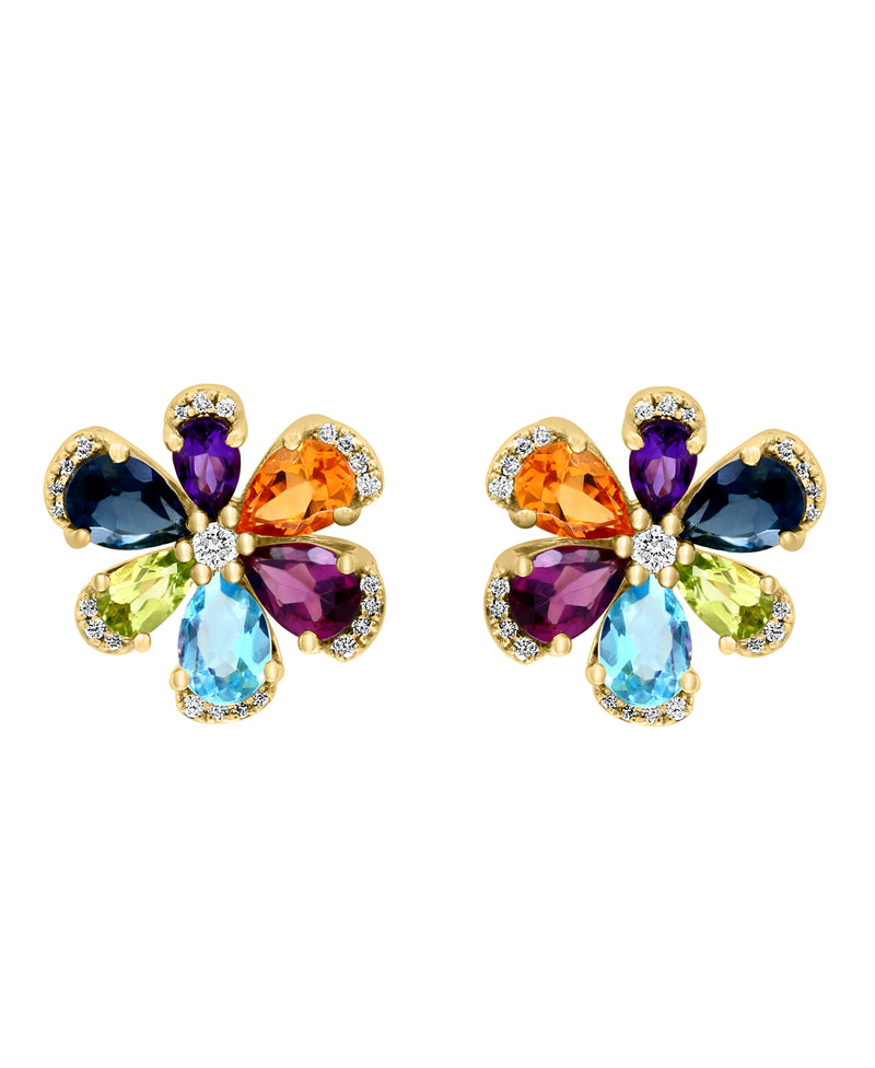 Effy 14K Yellow Gold Diamond & Multi-Stone Flower Stud Earrings