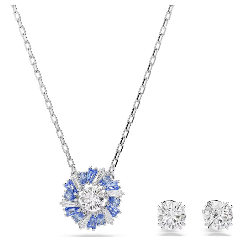 Swarovski Idyllia Earrings & Necklace Set - Mixed cuts, Flower, Blue, Rhodium Plated