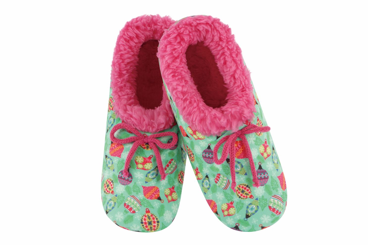 Snoozies Womens Holly Jolly Green Ornaments Slippers - Size Large