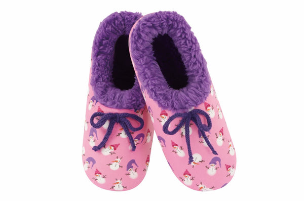 Snoozies Womens Holly Jolly Pink Snowman Slippers - Size Large