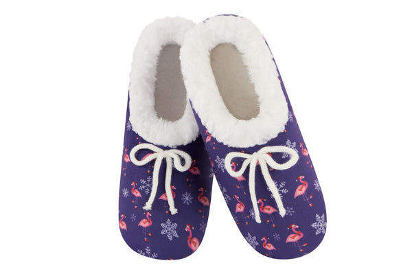 Snoozies Womens Holly Jolly Purple Flamingo Slippers - Size Large