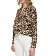 Calvin Klein Womens Printed Crepe de Chine Long Sleeve Button Down Blouse