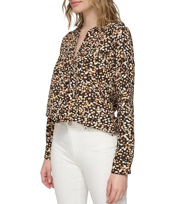 Calvin Klein Womens Printed Crepe de Chine Long Sleeve Button Down Blouse