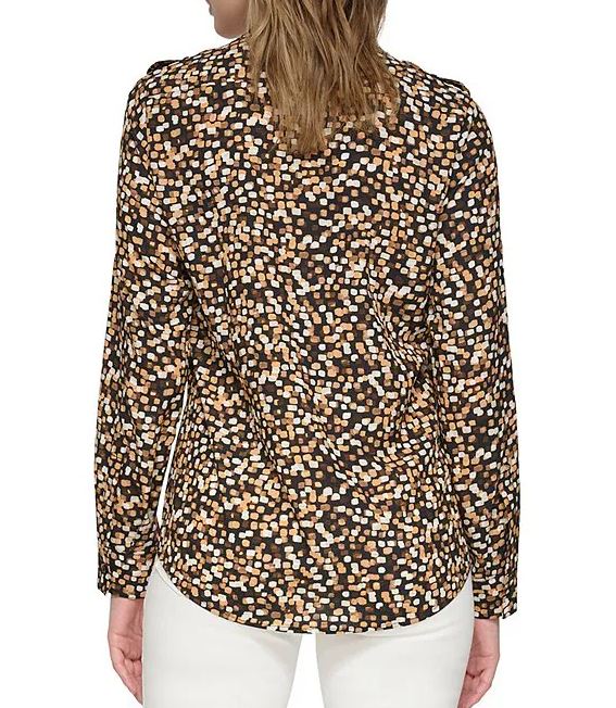 Calvin Klein Womens Printed Crepe de Chine Long Sleeve Button Down Blouse