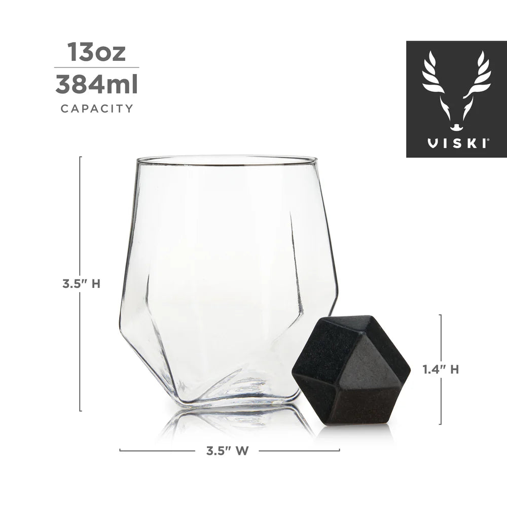 Viski Seneca Crystal Faceted Tumbler & Hexagonal Basalt Stone Set - 4