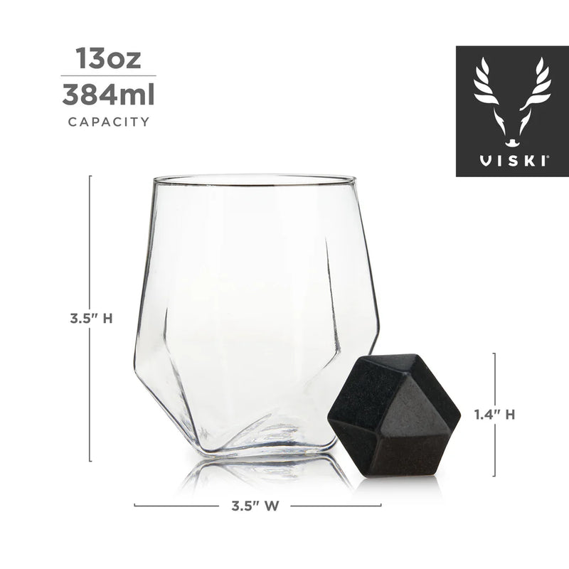 Viski Seneca Crystal Faceted Tumbler & Hexagonal Basalt Stone Set - 4