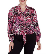 Ruby Rd. Womens Woven Paisley Front-Tie Long Sleeve Top