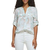 Calvin Klein Womens Printed CDC Roll Sleeve Top