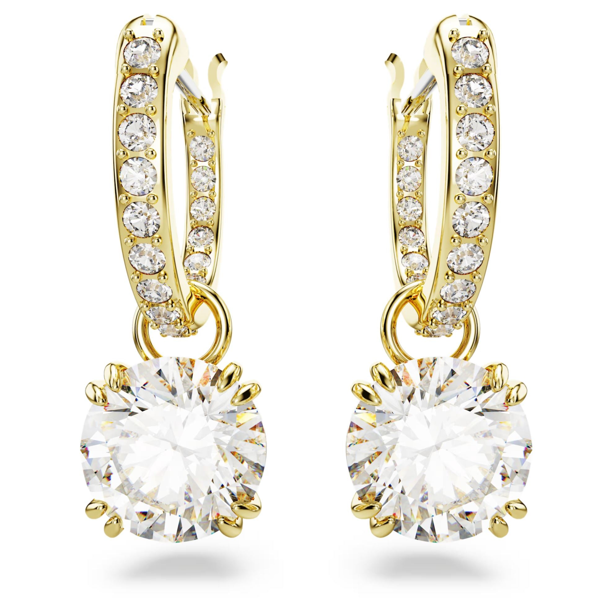 Swarovski Stilla Drop Earrings - Round cut, White, Gold-tone plated
