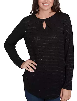 Ruby Rd. Womens Diamond Detail Sequin Knit Long Sleeve Top