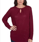 Ruby Rd. Womens Diamond Detail Sequin Knit Long Sleeve Top