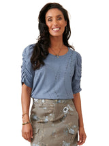 Democracy Womens Ruched Elbow Sleeve Scoop Neck Knit Top