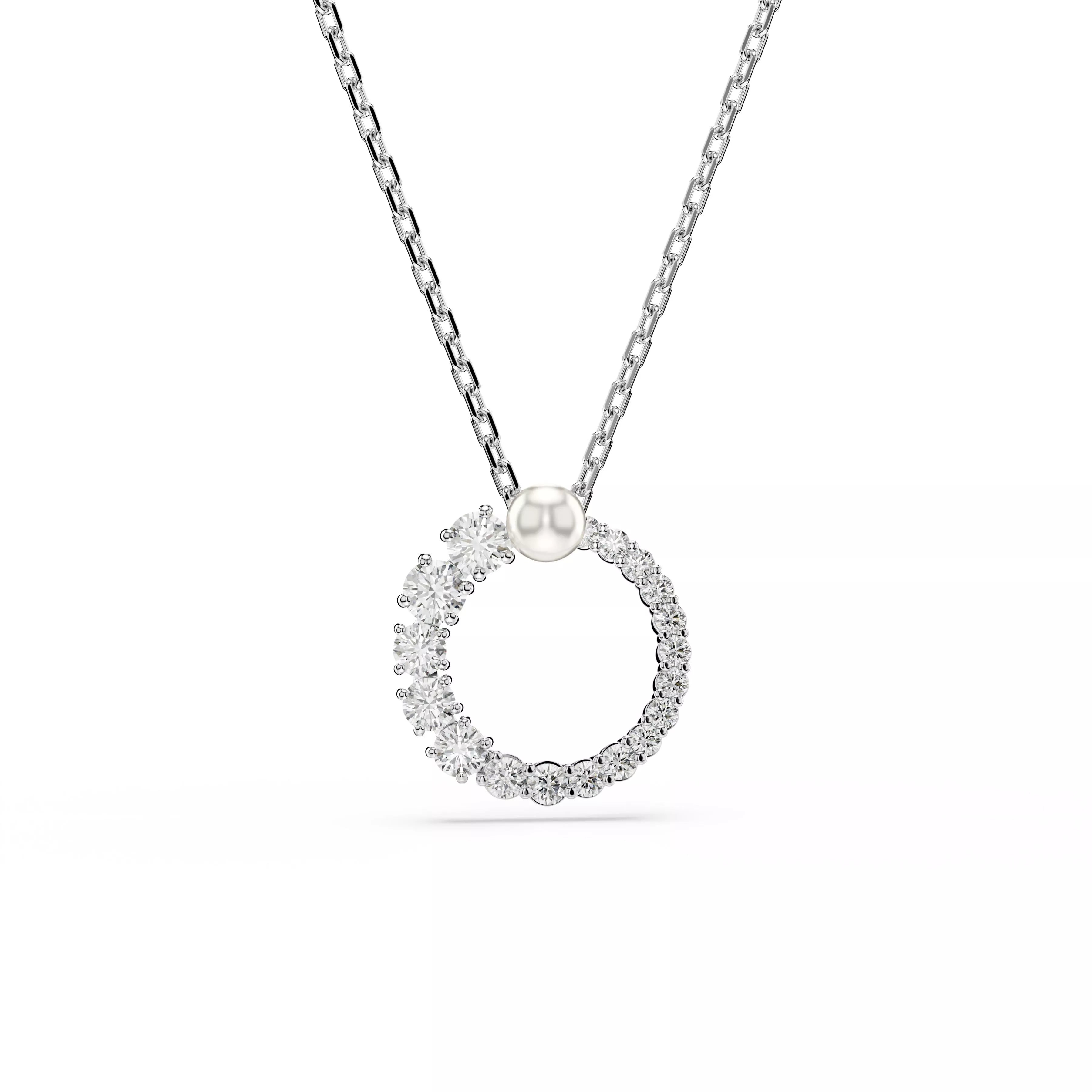 Swarovski Matrix Pendant Necklace - Crystal Pearl, Round Cut, White, Rhodium Plated