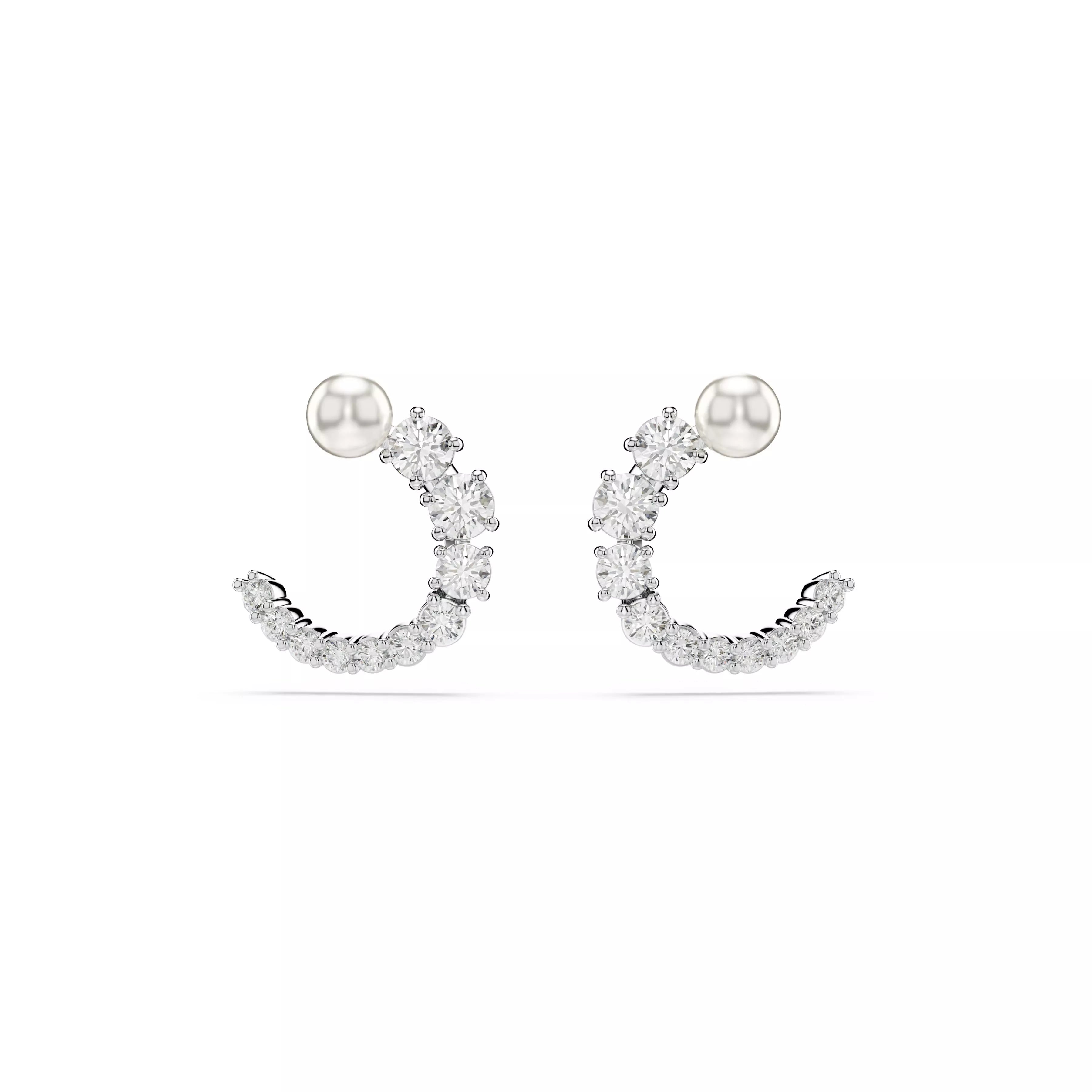 Swarovski Matrix Hoop Earrings - Crystal Pearl, Round Cut, White, Rhodium Plated