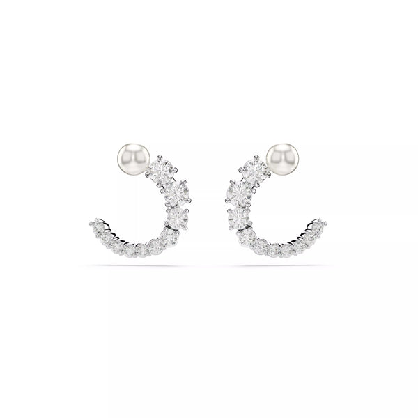 Swarovski Matrix Hoop Earrings - Crystal Pearl, Round Cut, White, Rhodium Plated