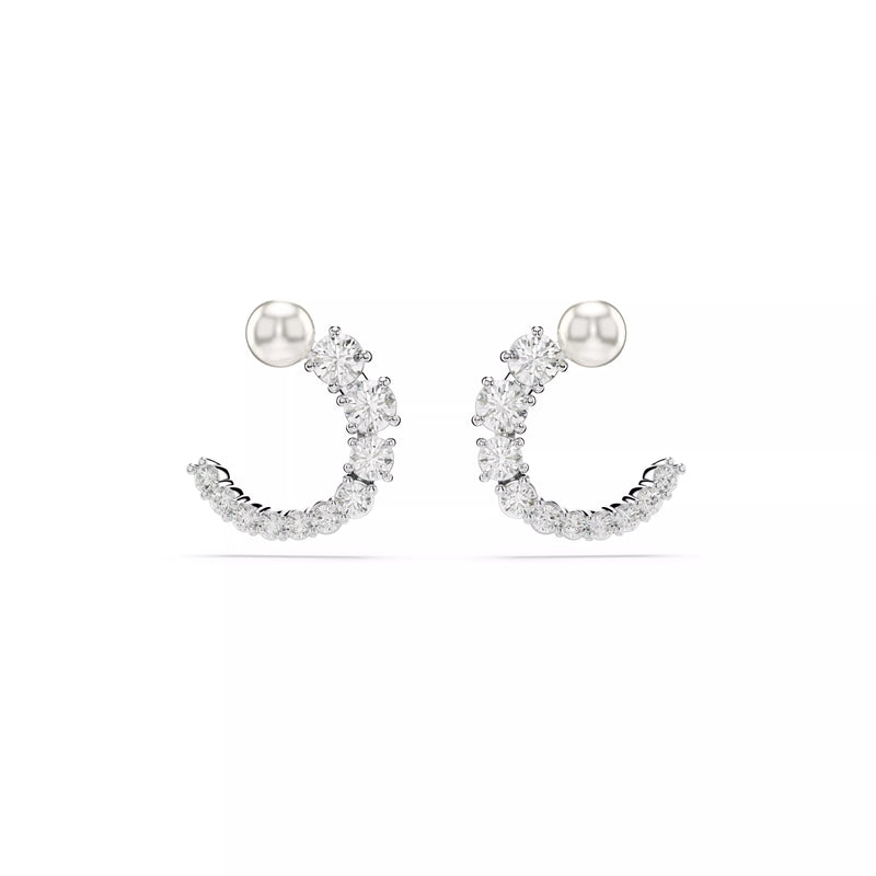 Swarovski Matrix Hoop Earrings - Crystal Pearl, Round Cut, White, Rhodium Plated