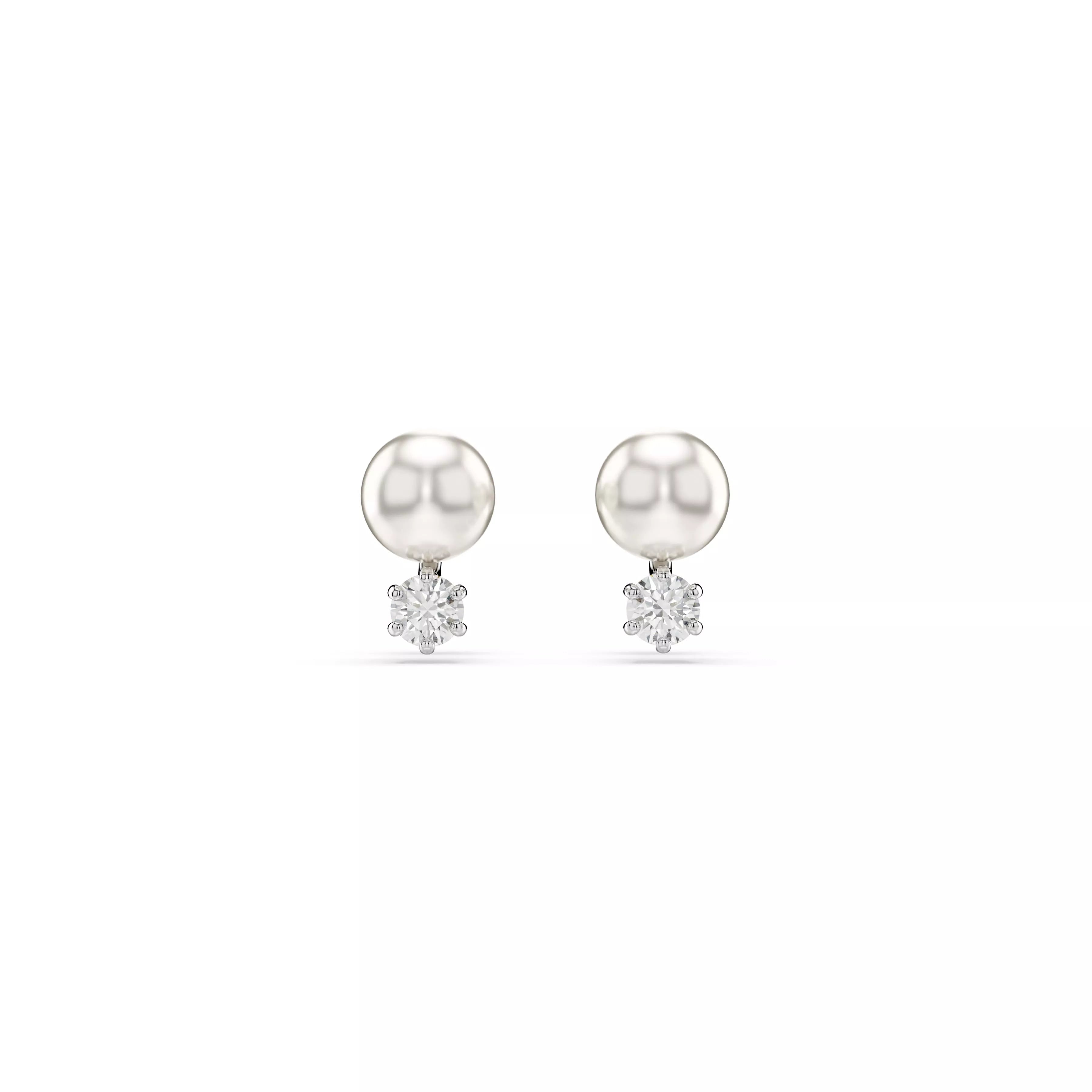 Swarovski Matrix Stud Earrings - Crystal Pearl, Round Cut, White, Rhodium Plated