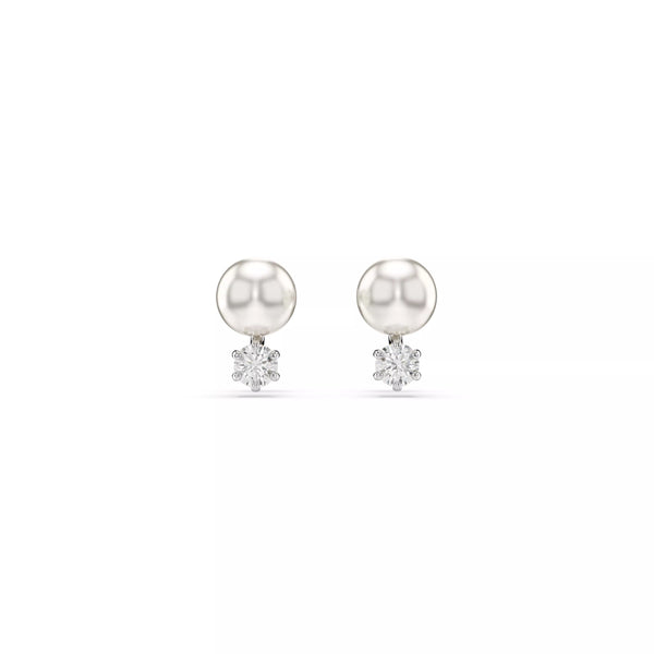 Swarovski Matrix Stud Earrings - Crystal Pearl, Round Cut, White, Rhodium Plated