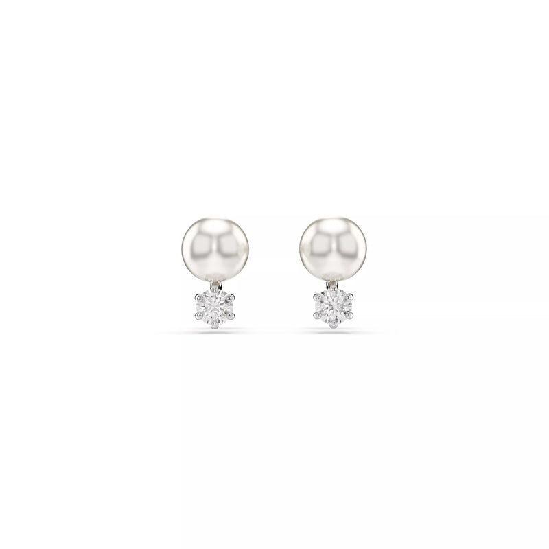 Swarovski Matrix Stud Earrings - Crystal Pearl, Round Cut, White, Rhodium Plated