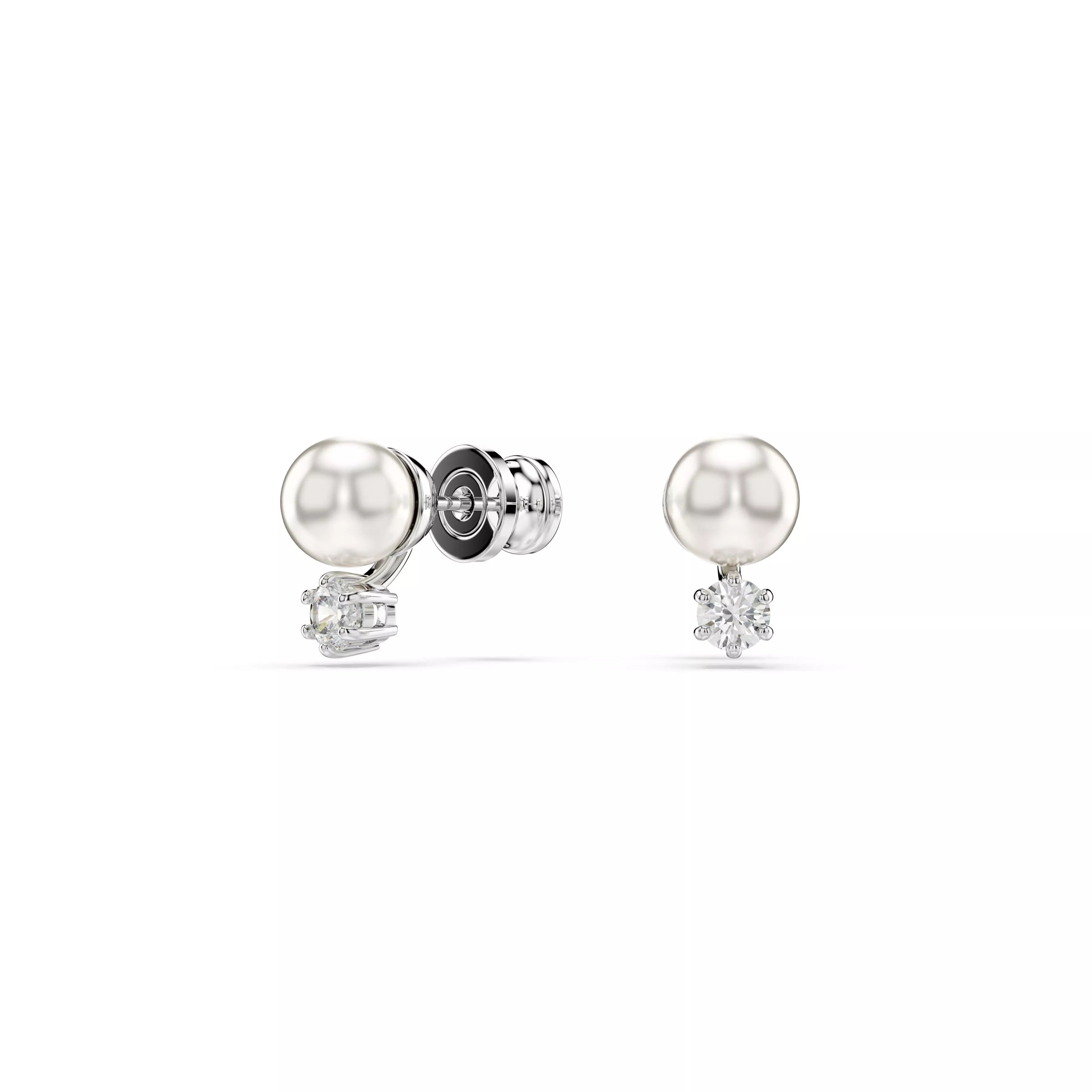 Swarovski Matrix Stud Earrings - Crystal Pearl, Round Cut, White, Rhodium Plated