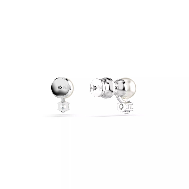 Swarovski Matrix Stud Earrings - Crystal Pearl, Round Cut, White, Rhodium Plated