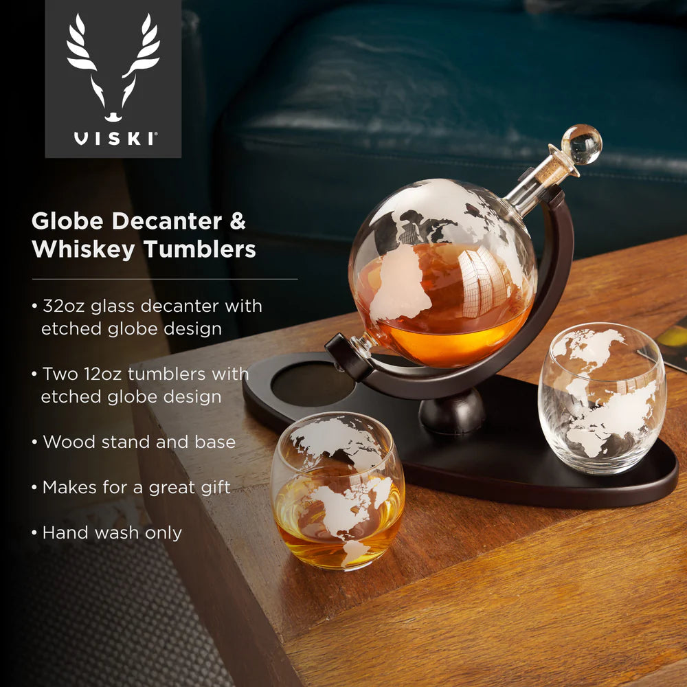 Viski Globe Decanter & Whiskey Tumbler Set - 3 pk