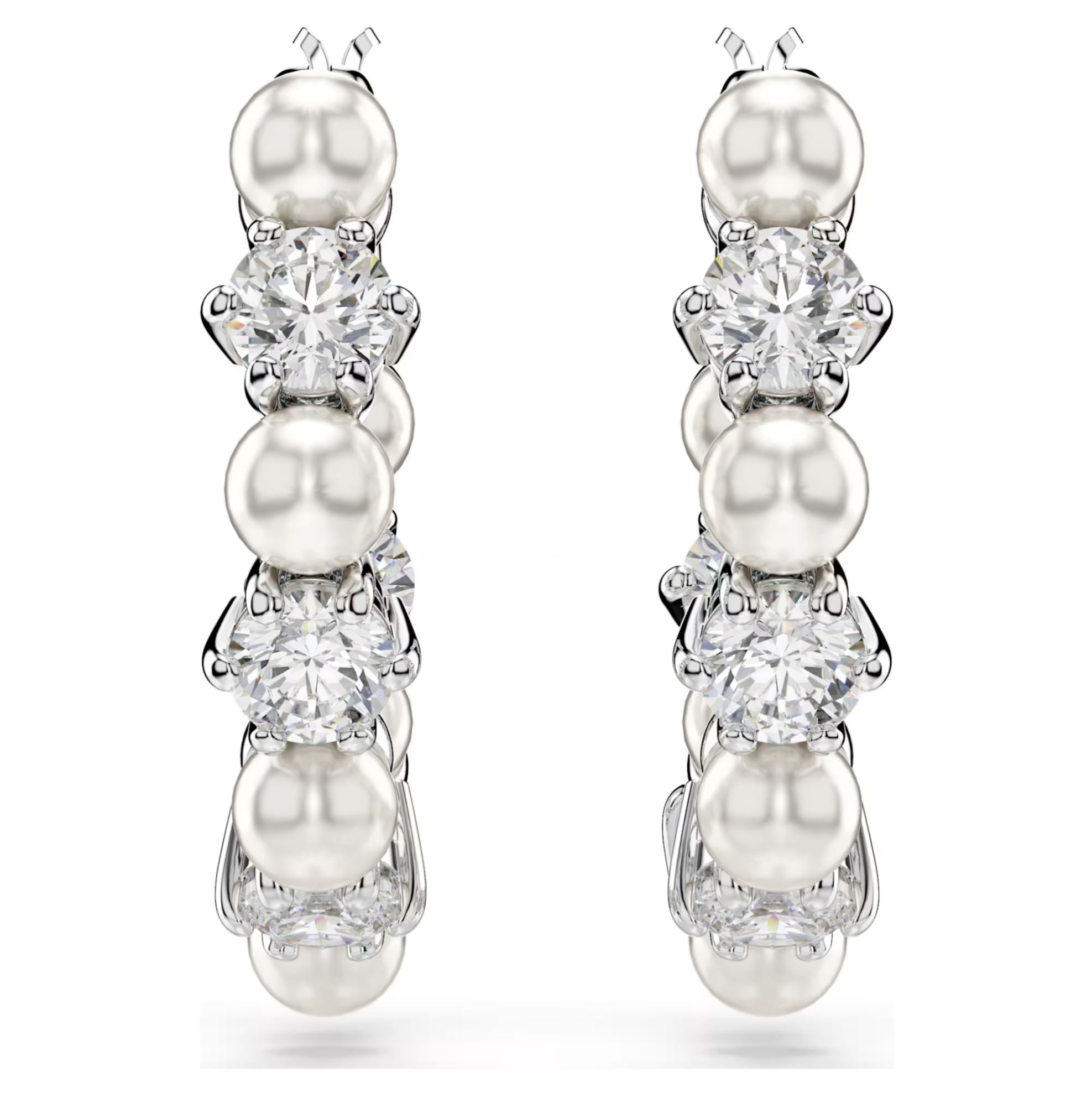 Swarovski Matrix Hoop Earrings - Crystal pearl, Round cut, White, Rhodium plated