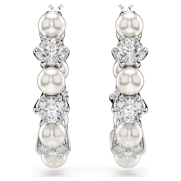 Swarovski Matrix Hoop Earrings - Crystal pearl, Round cut, White, Rhodium plated