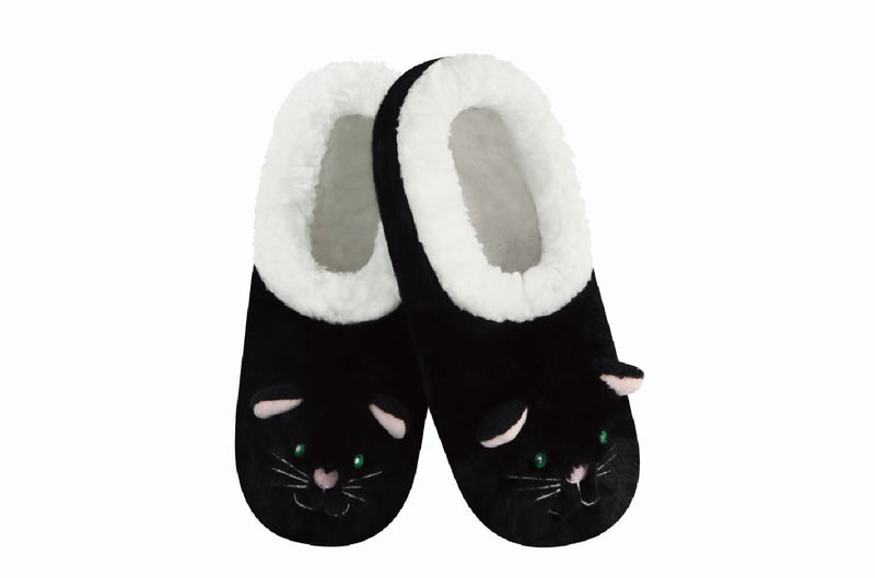 Snoozies Womens Furry Animals Black Cat Slippers - Size Large