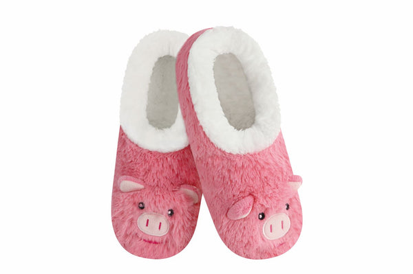 Snoozies Womens Furry Animals Pink Pig Slippers - Size Small