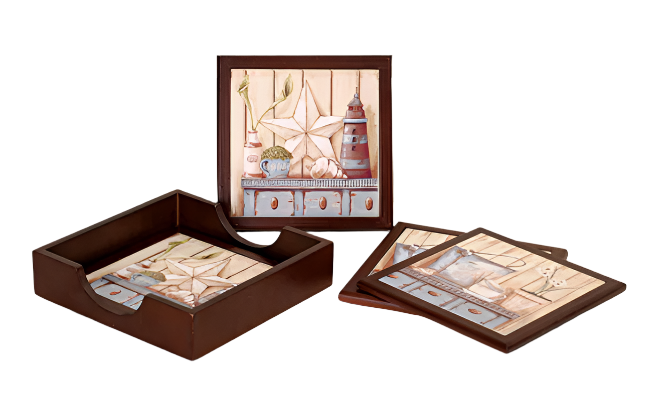 Transpac Wood & Tile Beach Theme Coaster Set