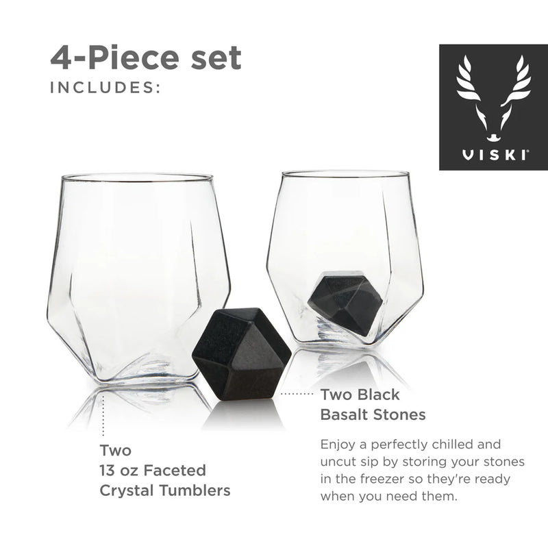 Viski Seneca Crystal Faceted Tumbler & Hexagonal Basalt Stone Set - 4