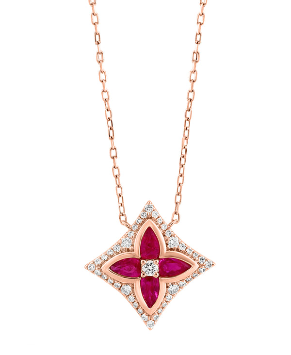 Effy 14K Rose Gold, Diamond & Ruby Floral Pendant Necklace