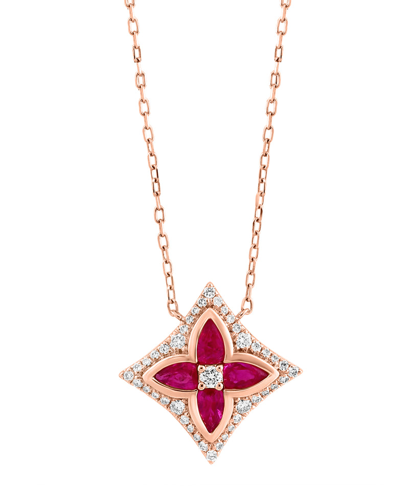 Effy 14K Rose Gold, Diamond & Ruby Floral Pendant Necklace