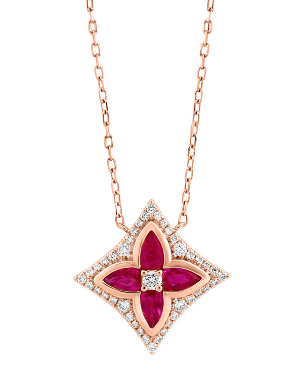 Effy 14K Rose Gold, Diamond & Ruby Floral Pendant Necklace