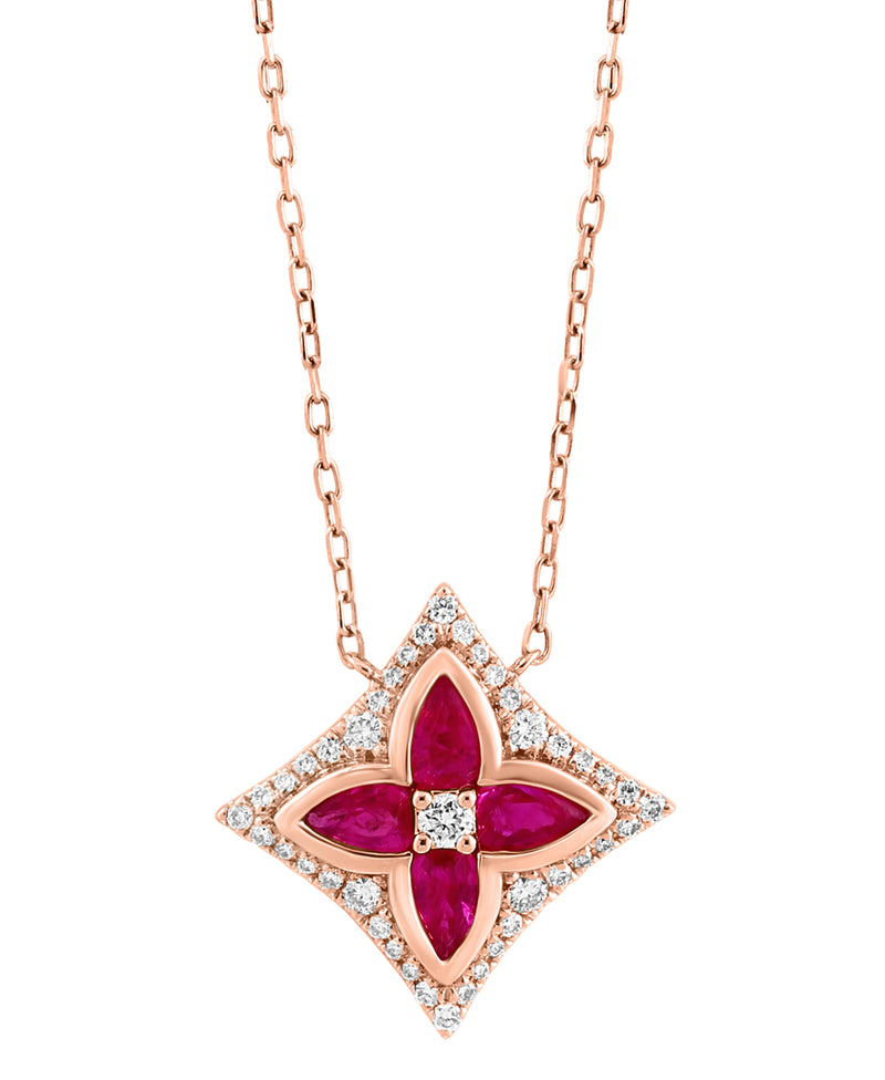 Effy 14K Rose Gold, Diamond & Ruby Floral Pendant Necklace