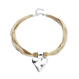 UNOde50 Beige Silk & Leather Thread Silver Heart Charm Necklace