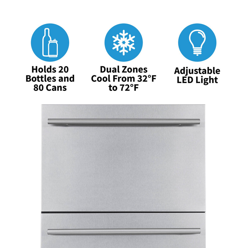 NewAir 24” Built-in 20 Bottle and 80 Can Dual Drawer Outdoor Wine and Beverage Fridge
