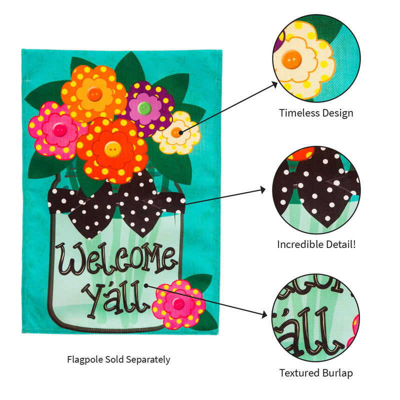 Evergreen "Welcome Y'all" Polka Dot Flowers House Burlap Flag