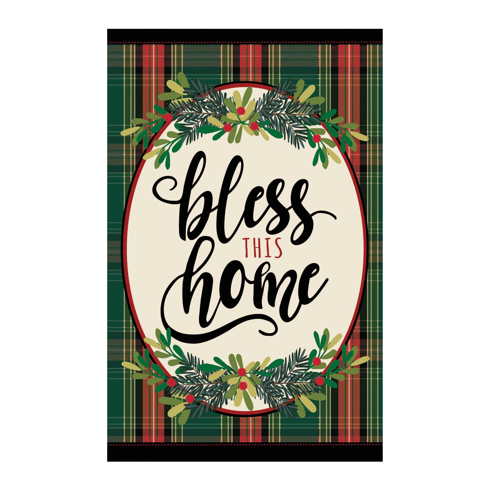 Evergreen "Bless This Home" Plaid Garden Linen Flag