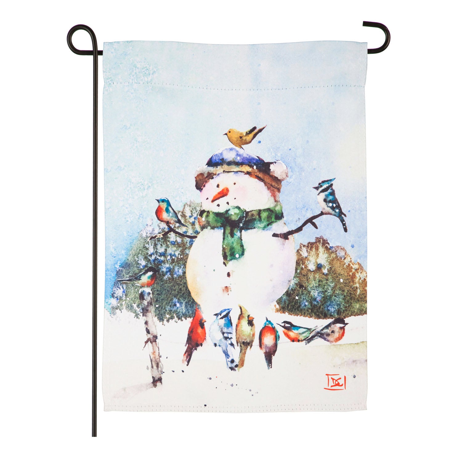Evergreen Snowman and Songbirds Garden Suede Flag