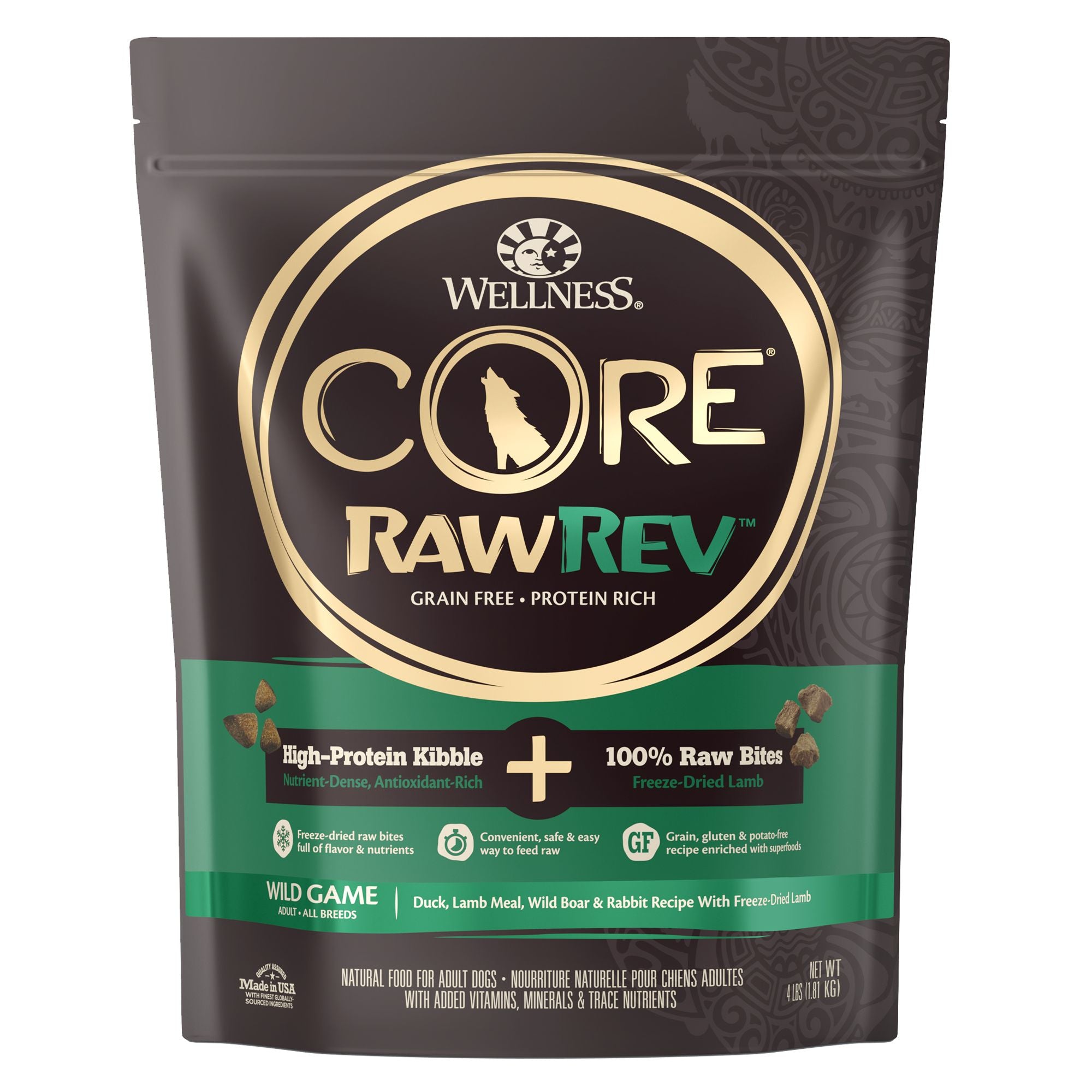 Wellness CORE RawRev Duck Adult Dog Food 4 LBS - Natural, Grain Free, Freeze Dried Raw, Wild Game