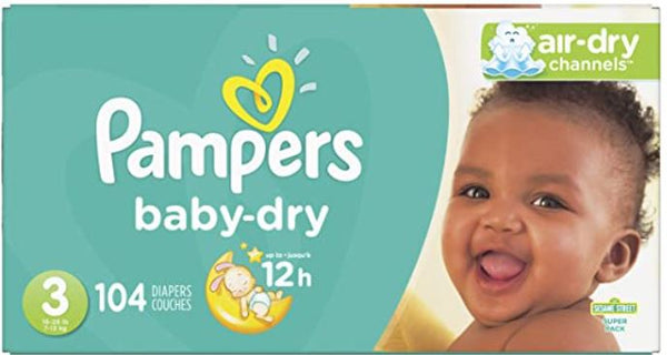 Pampers Diapers Size 3, 104 Count - Pampers Baby Dry Disposable Baby Diapers, Super Pack